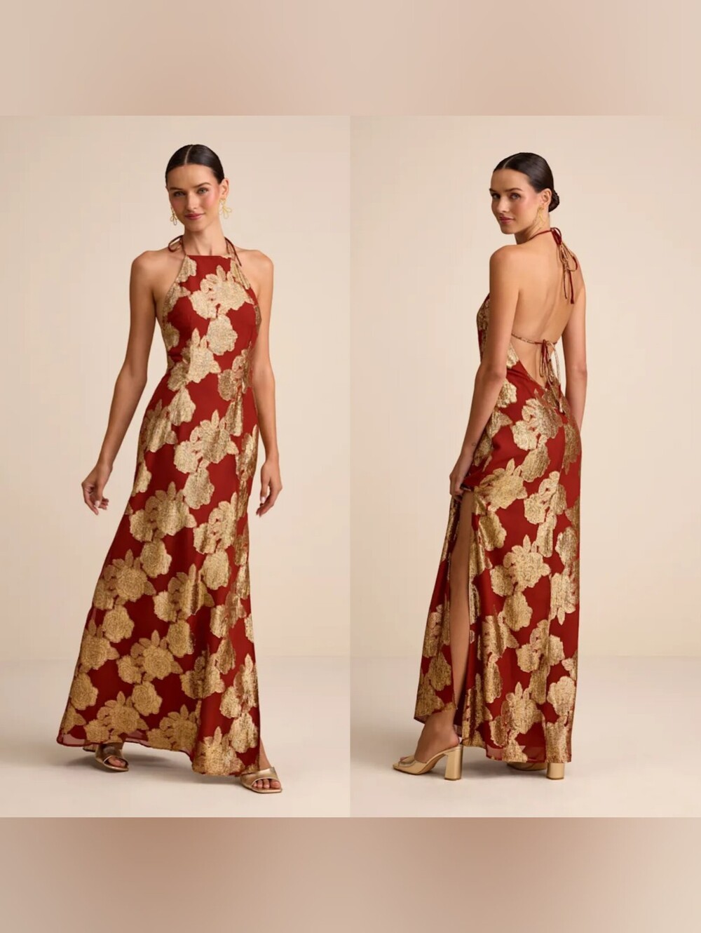 Lulus Brinley Rust and Gold Floral Jacquard Halter Maxi Dress L Wedding Party